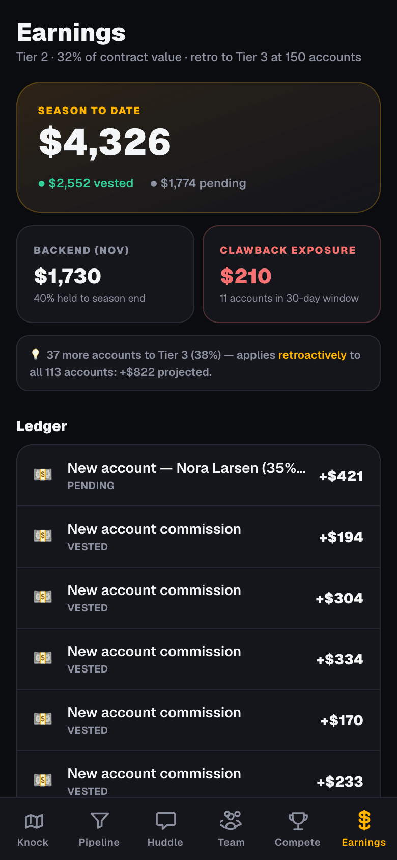 Rep earnings screen: season total, vested vs pending, clawback exposure, tier progress