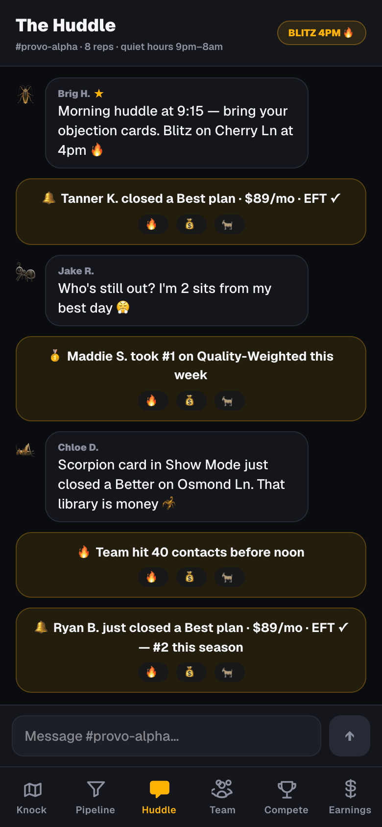 The Huddle: team chat with automatic hype cards when reps close