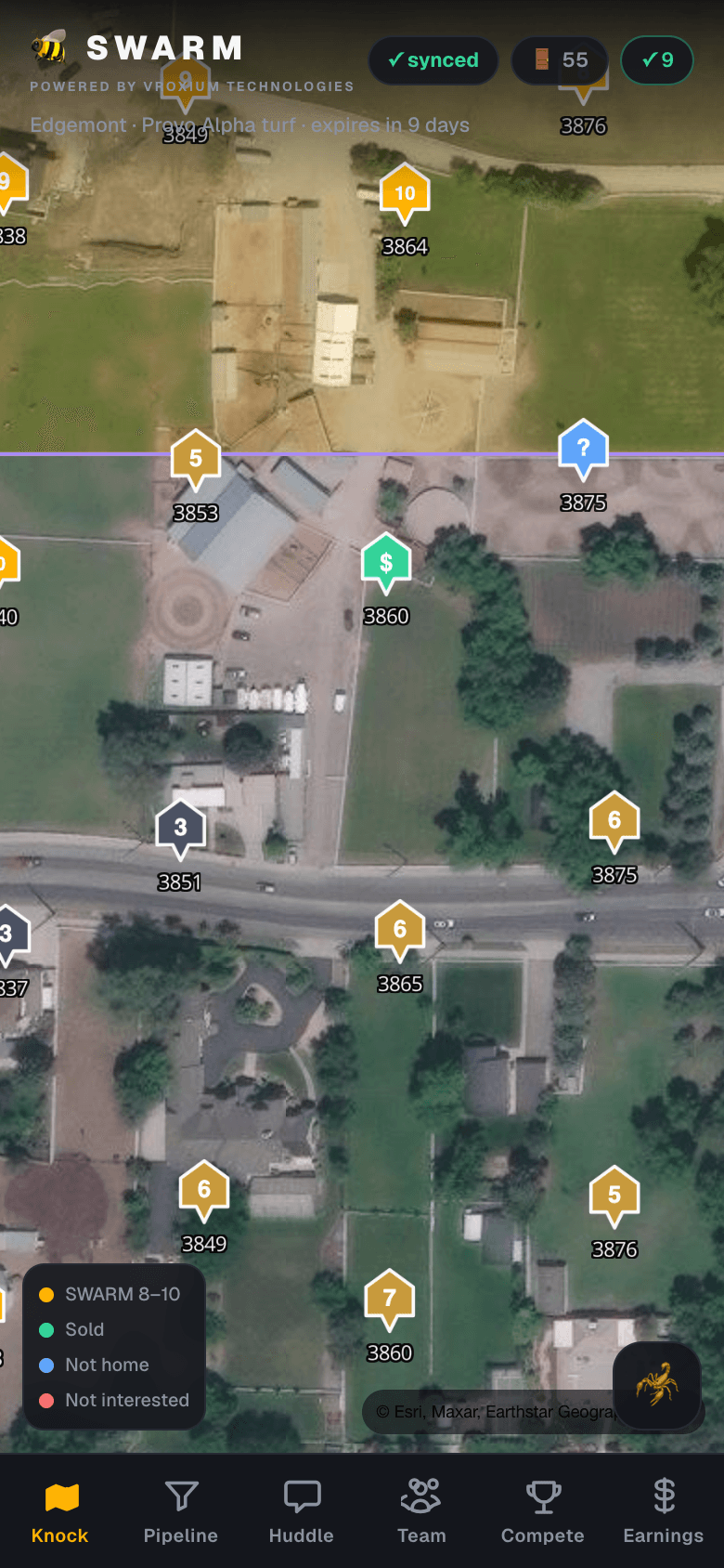 SWARM's live knock map: satellite view of a Provo neighborhood with scored house pins