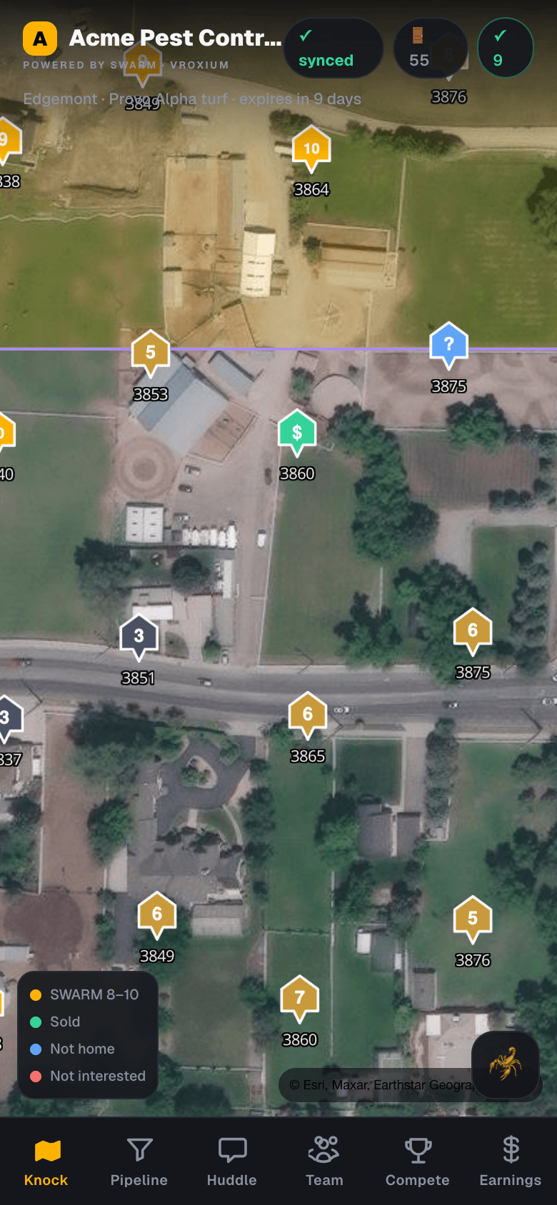The same knock map, white-labeled as Acme Pest Control